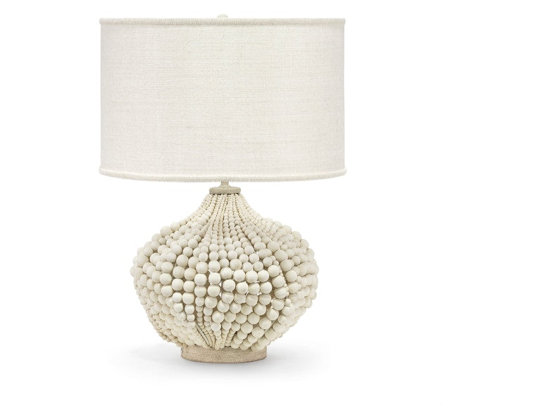 Wooden Bead Lamp in Soft White with Cream Burlap Drum Shade