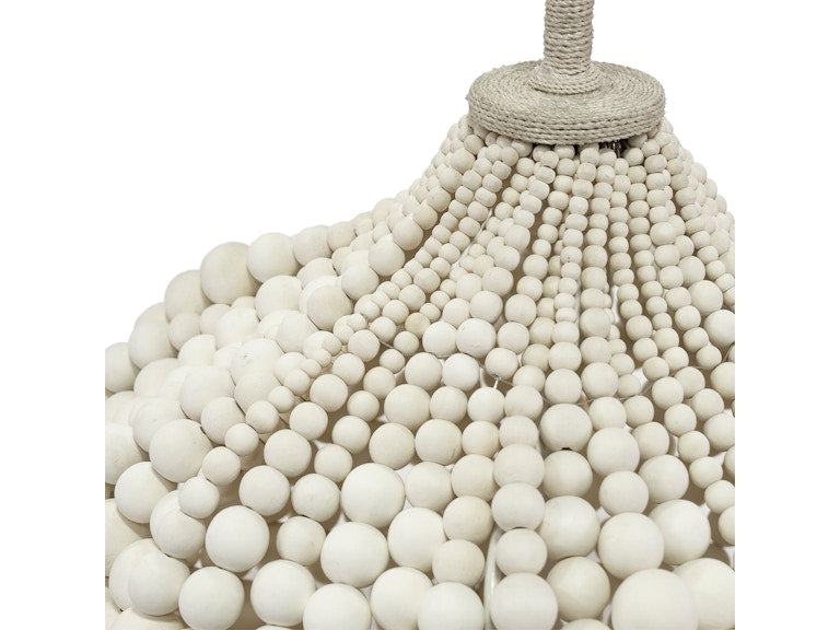 Wooden Bead Lamp in Soft White with Cream Burlap Drum Shade