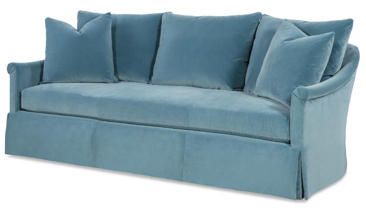 Curved Blue Velvet Skirted Sofa