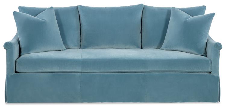 Curved Blue Velvet Skirted Sofa