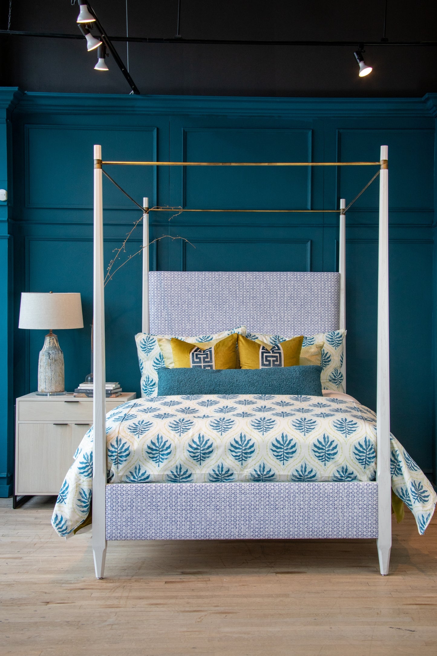 Helena Queen 4 Post Bed in Blue + White Indian Block Print