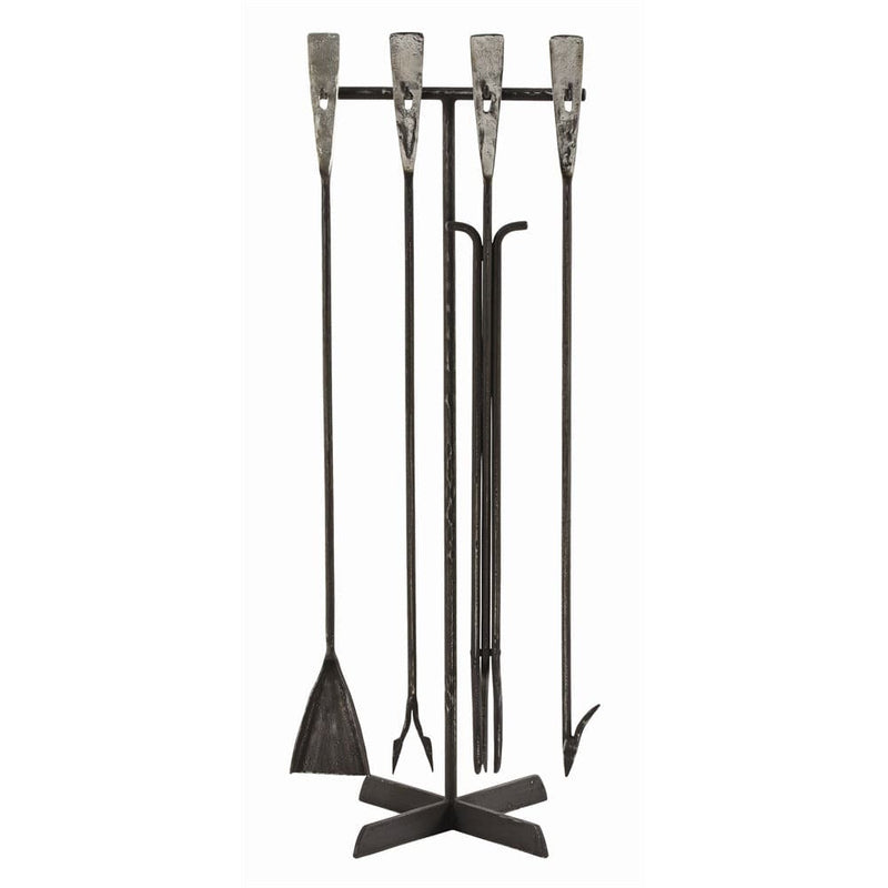 Black Waxed Iron Fireplace Tool Set with Polished Aluminum Handles