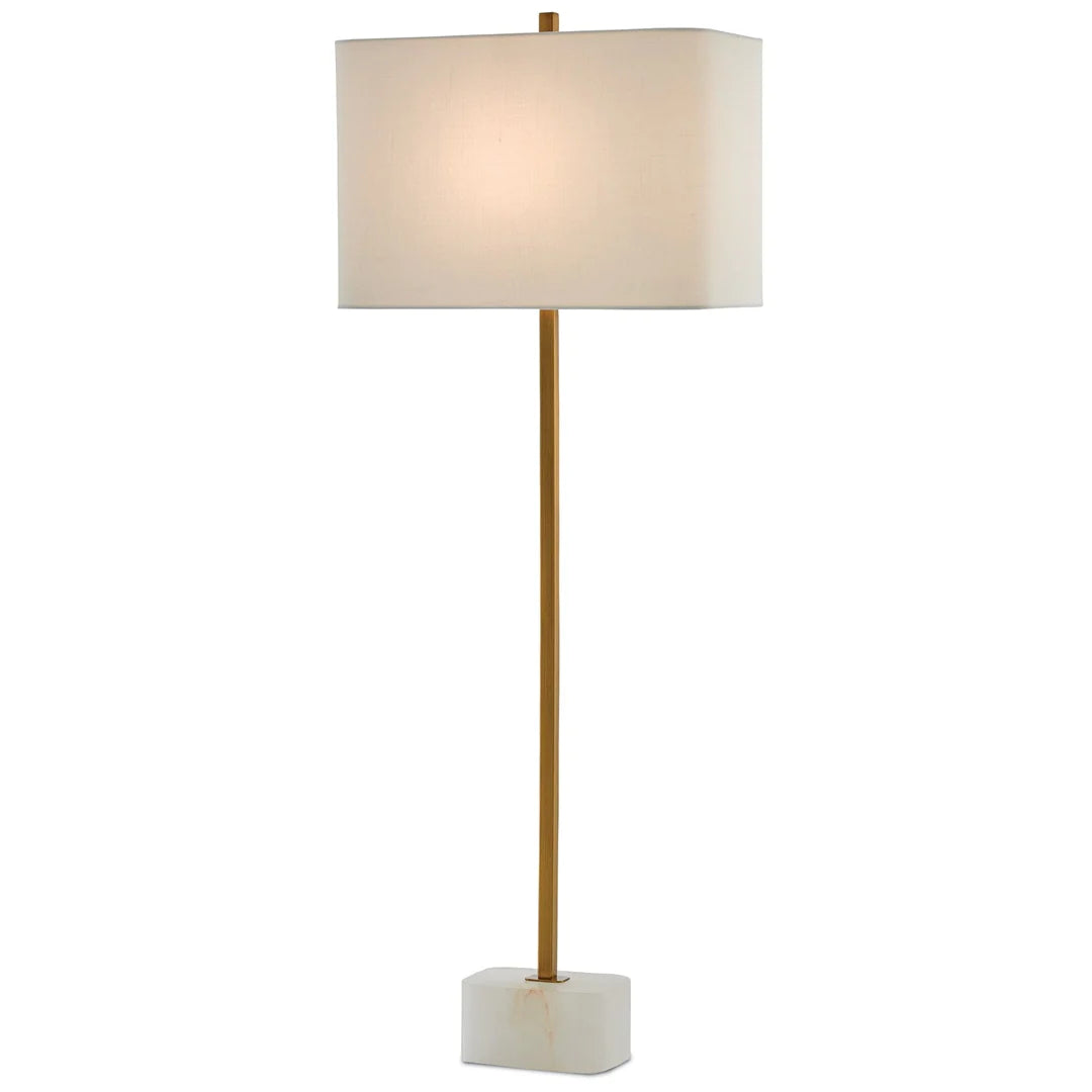Brass Spike Lamp on an Alabaster Base + Off-White Linen Shade