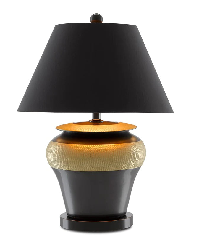 Black + Chiseled Gold Table Lamp with a Black Shantung Shade
