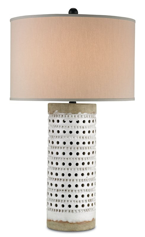 Holey Crackled White Terracotta Lamp with an Alabaster Linen Shade
