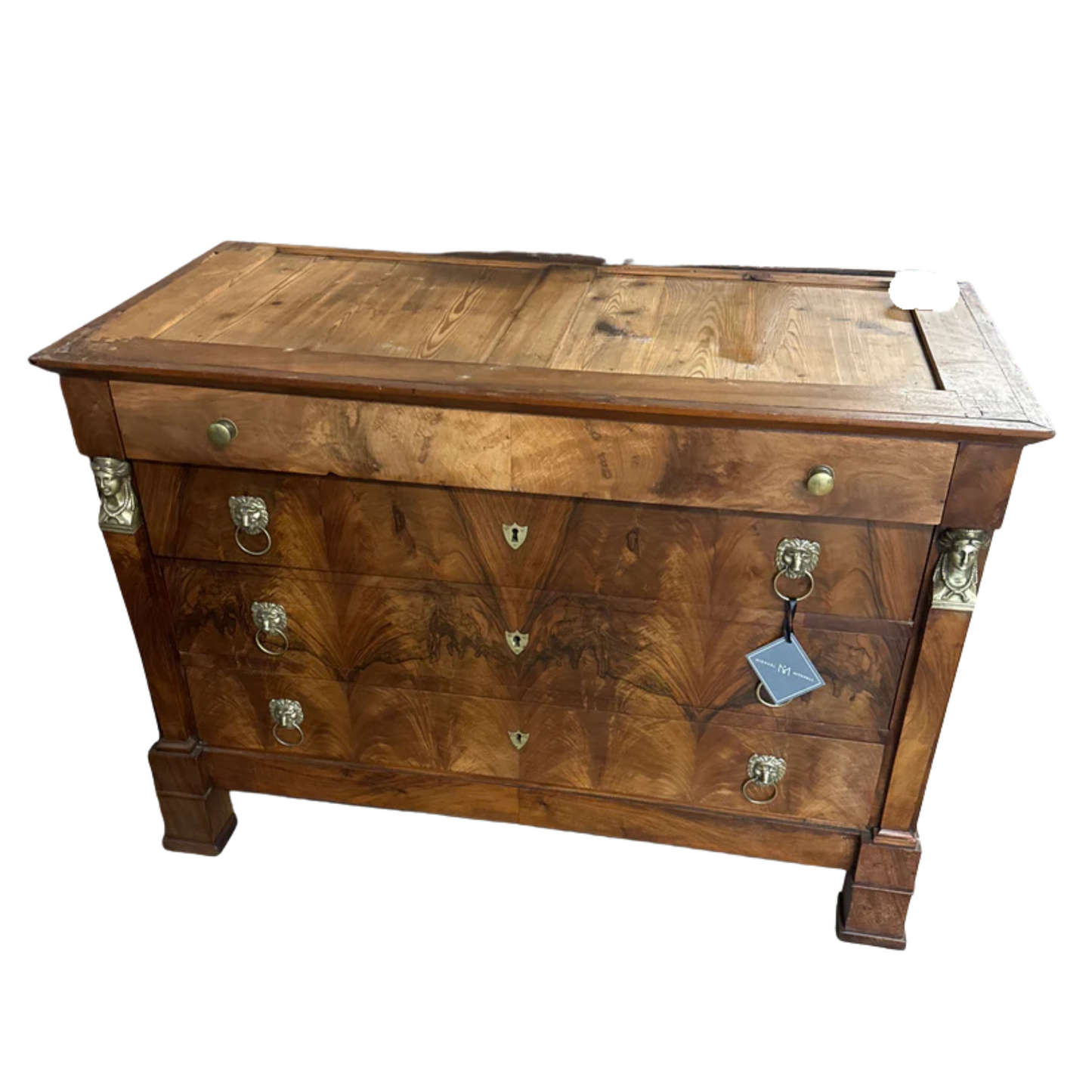 Antique Walnut Chest w/ Brass, Black Marble Top, c. 1810