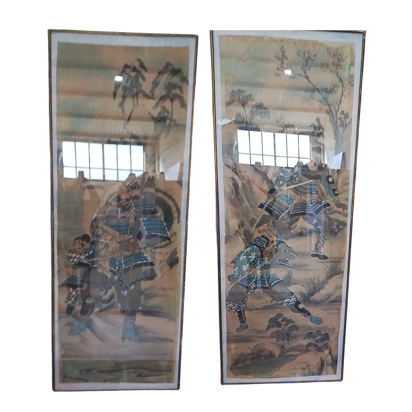 Pair of Framed Silk Warrior Portraits