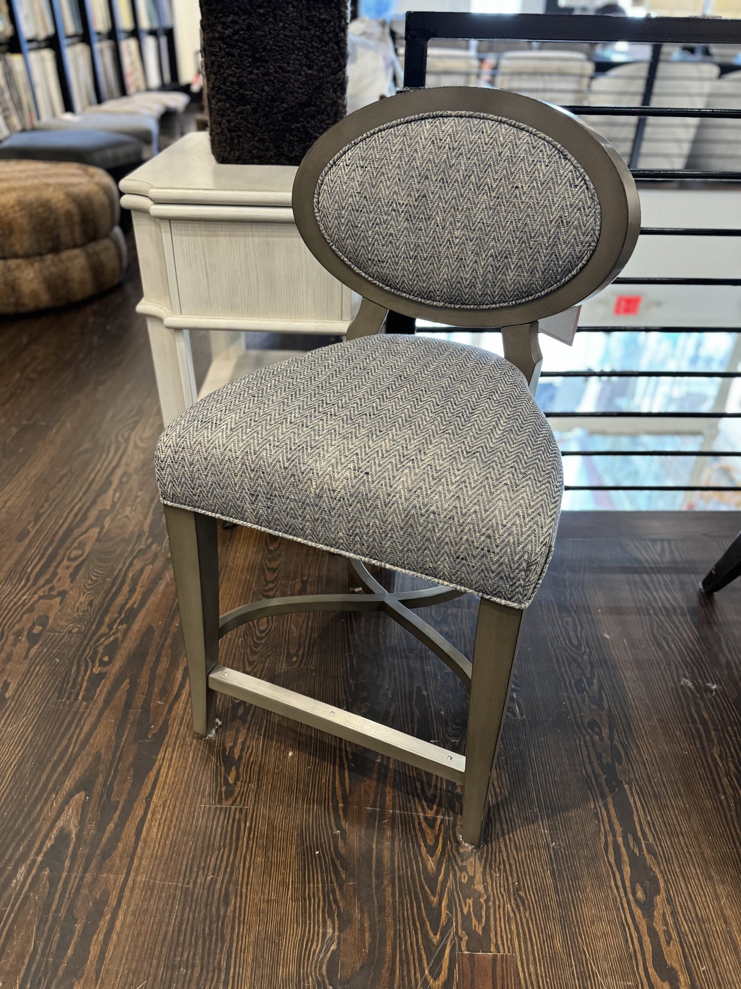 Oval Back Counter Stool in Navy Chevron + Birchette Wood Finish