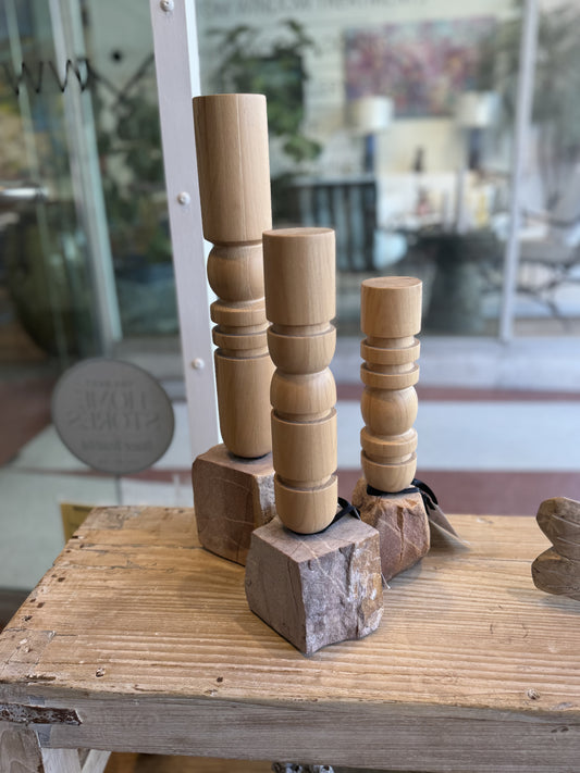 Hand-Made Dolomite Stone + Mahogany Candle Stick, Large