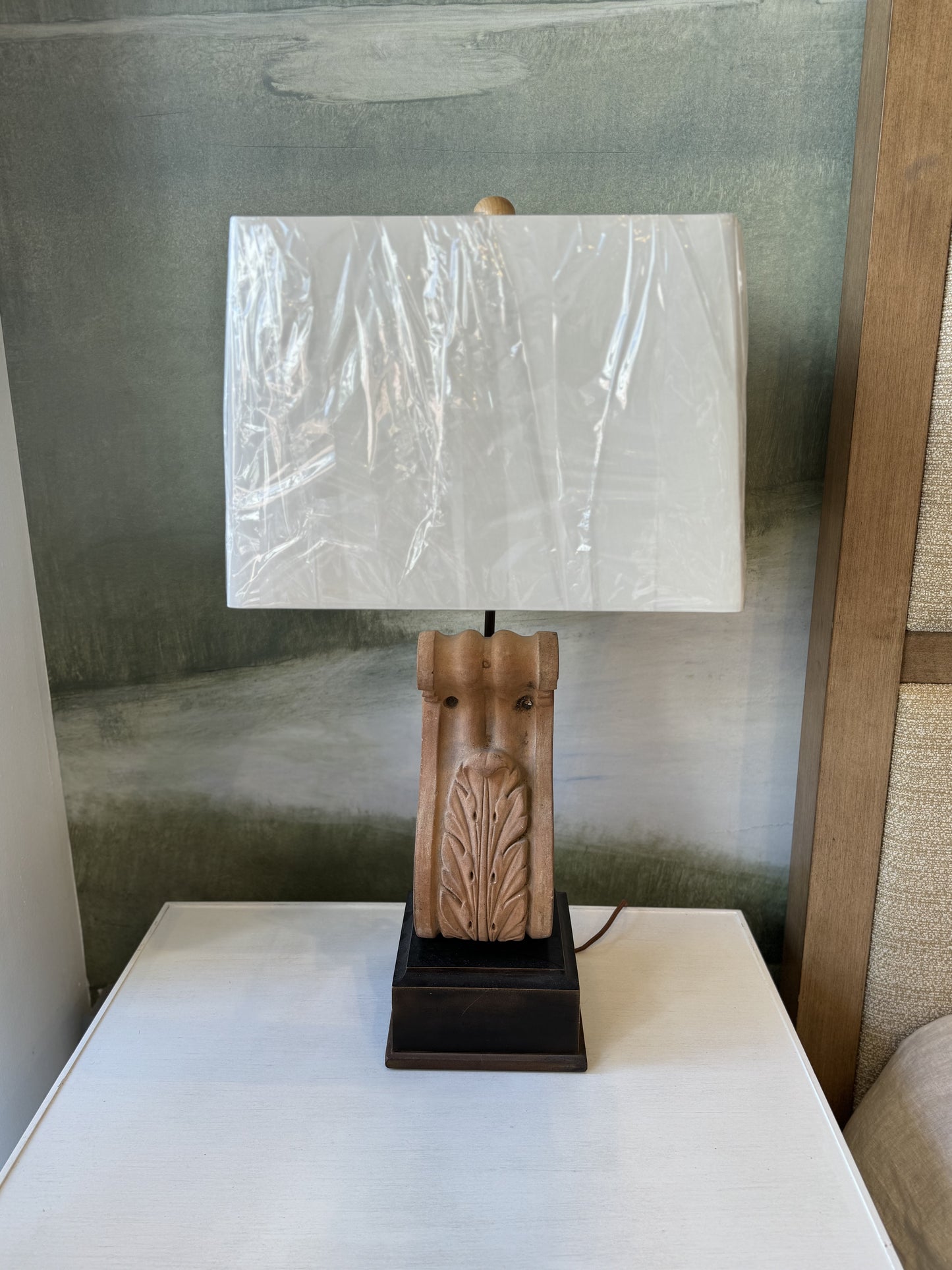 Pair of Terracotta Corbel Lamps from bath, England + off-white Square Lamp Shade