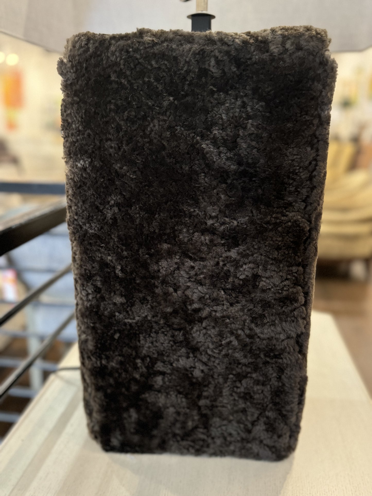 Table Lamp in Mocha Hair-on-Hide with an Oatmeal Sqaure Shade