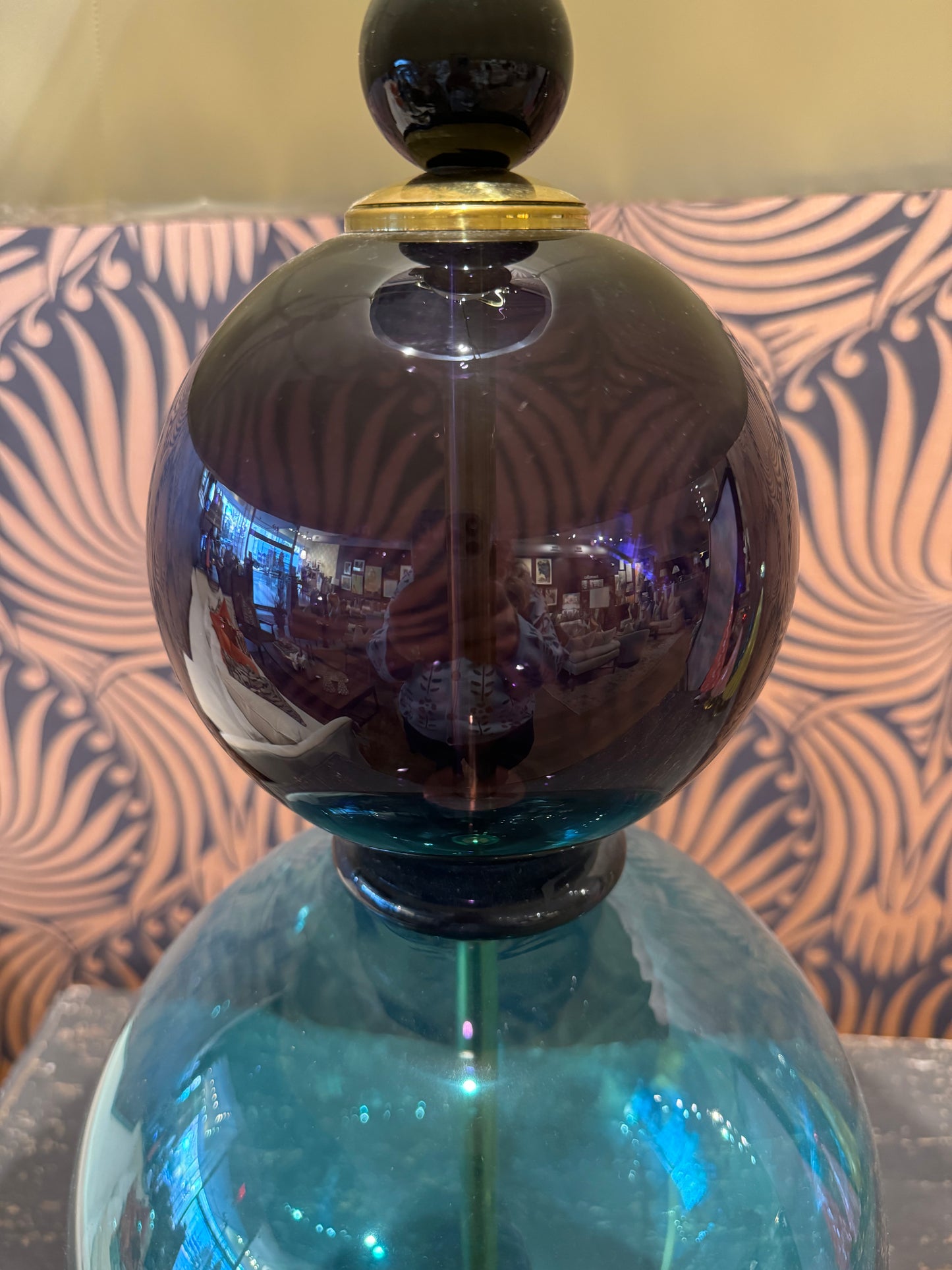 Antique Blue Murano Glass Lamps with Grey Ikat Shade, Pair