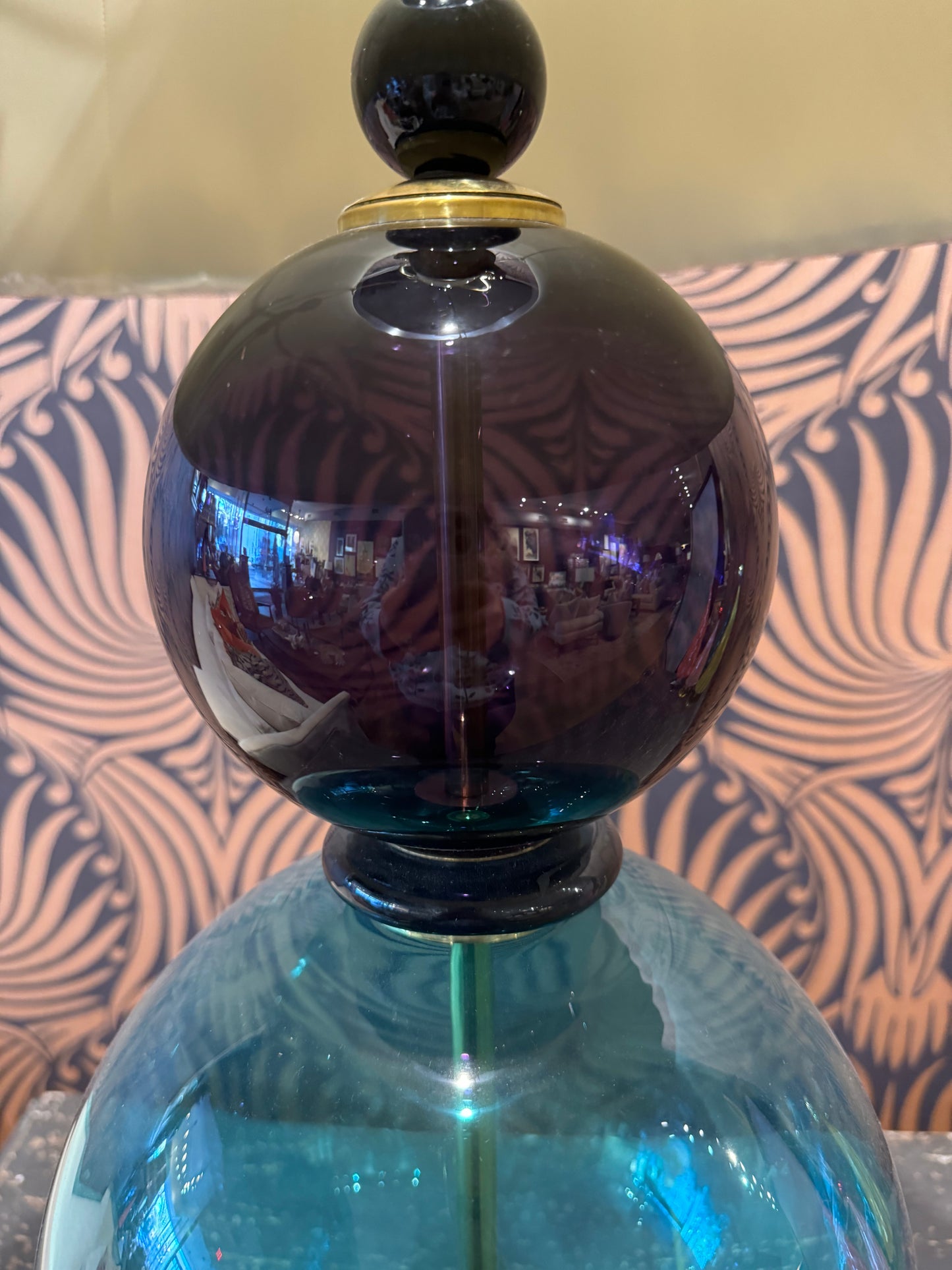 Antique Blue Murano Glass Lamps with Grey Ikat Shade, Pair
