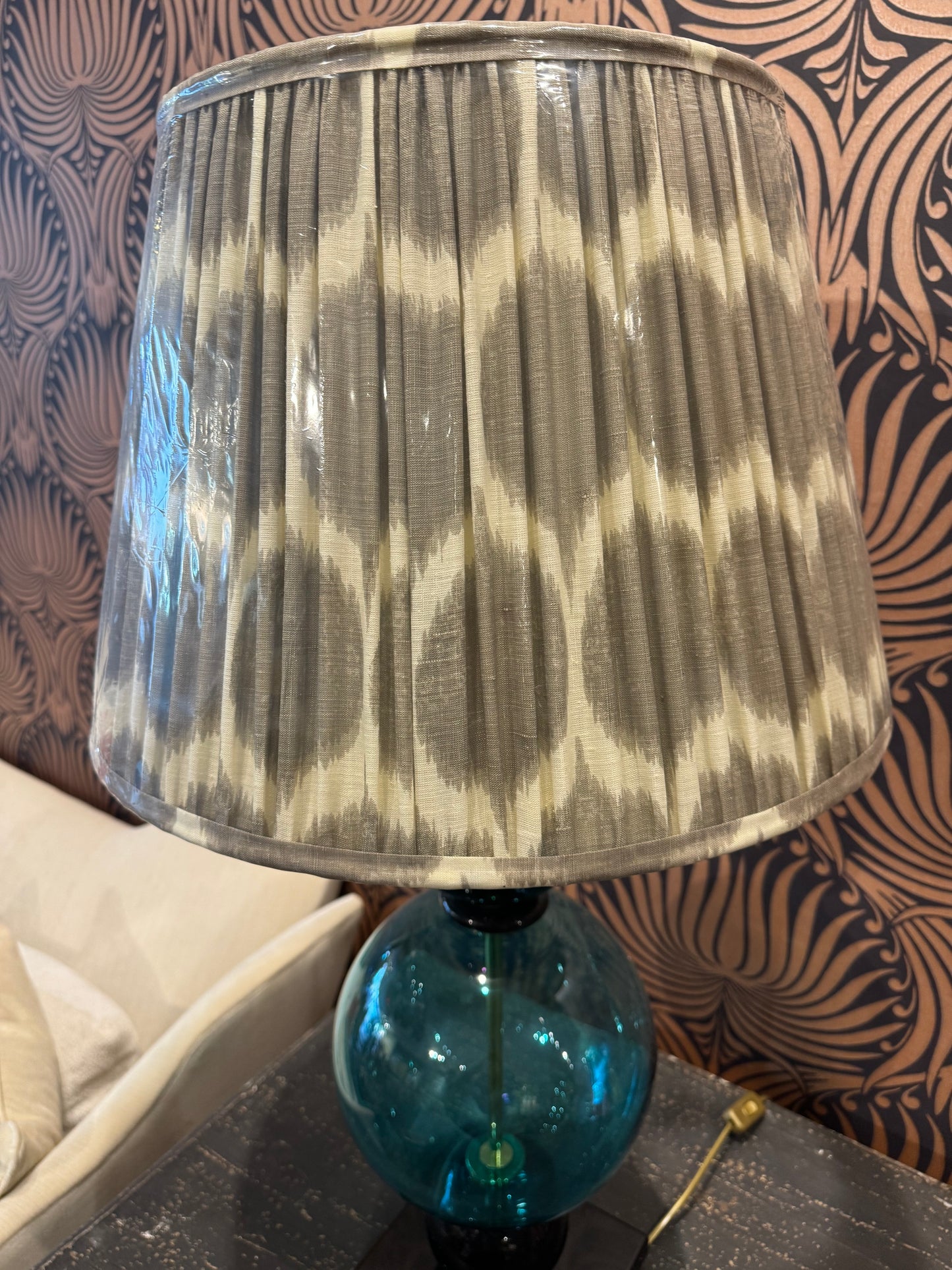 Antique Blue Murano Glass Lamps with Grey Ikat Shade, Pair