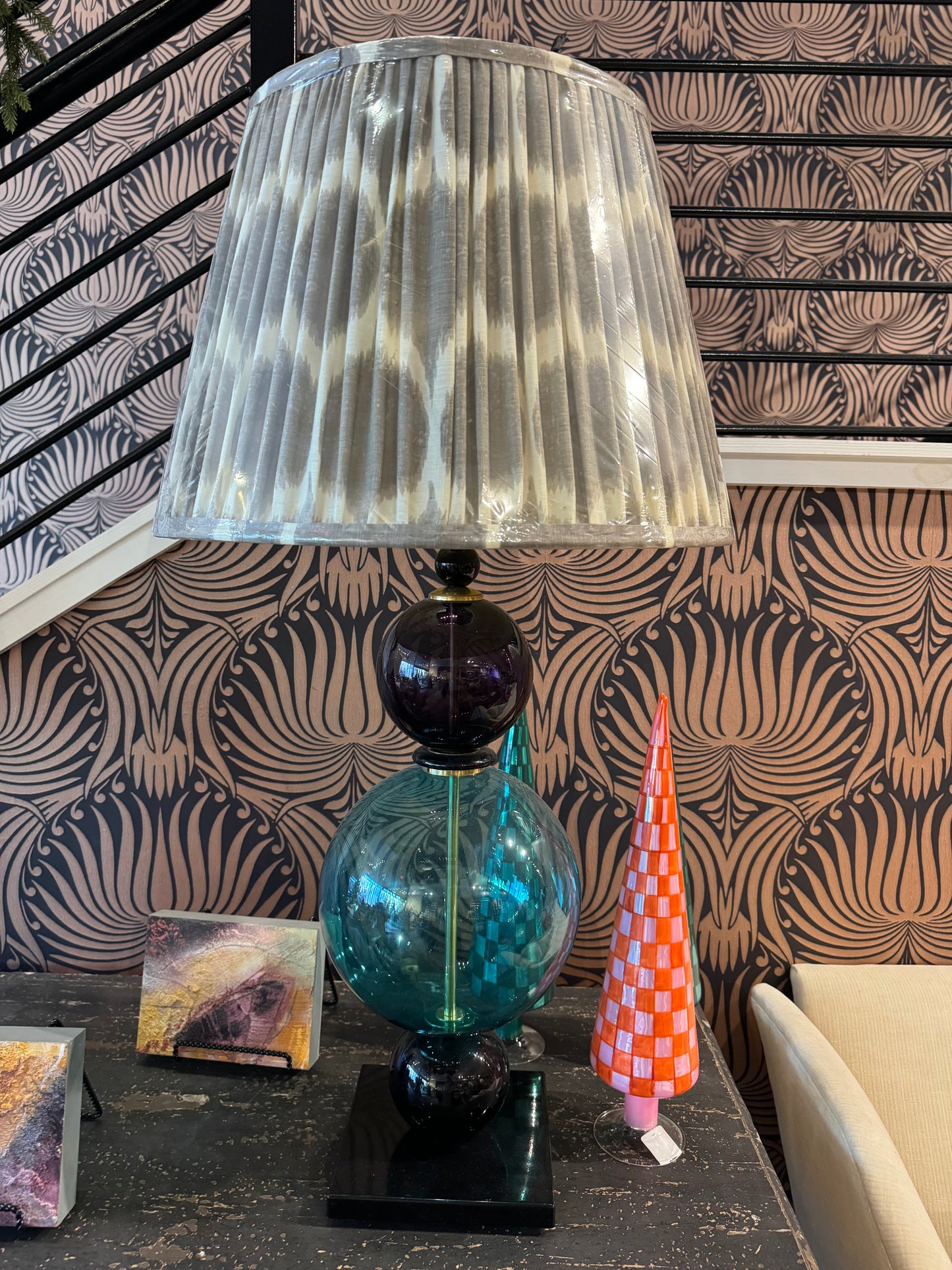 Antique Blue Murano Glass Lamps with Grey Ikat Shade, Pair