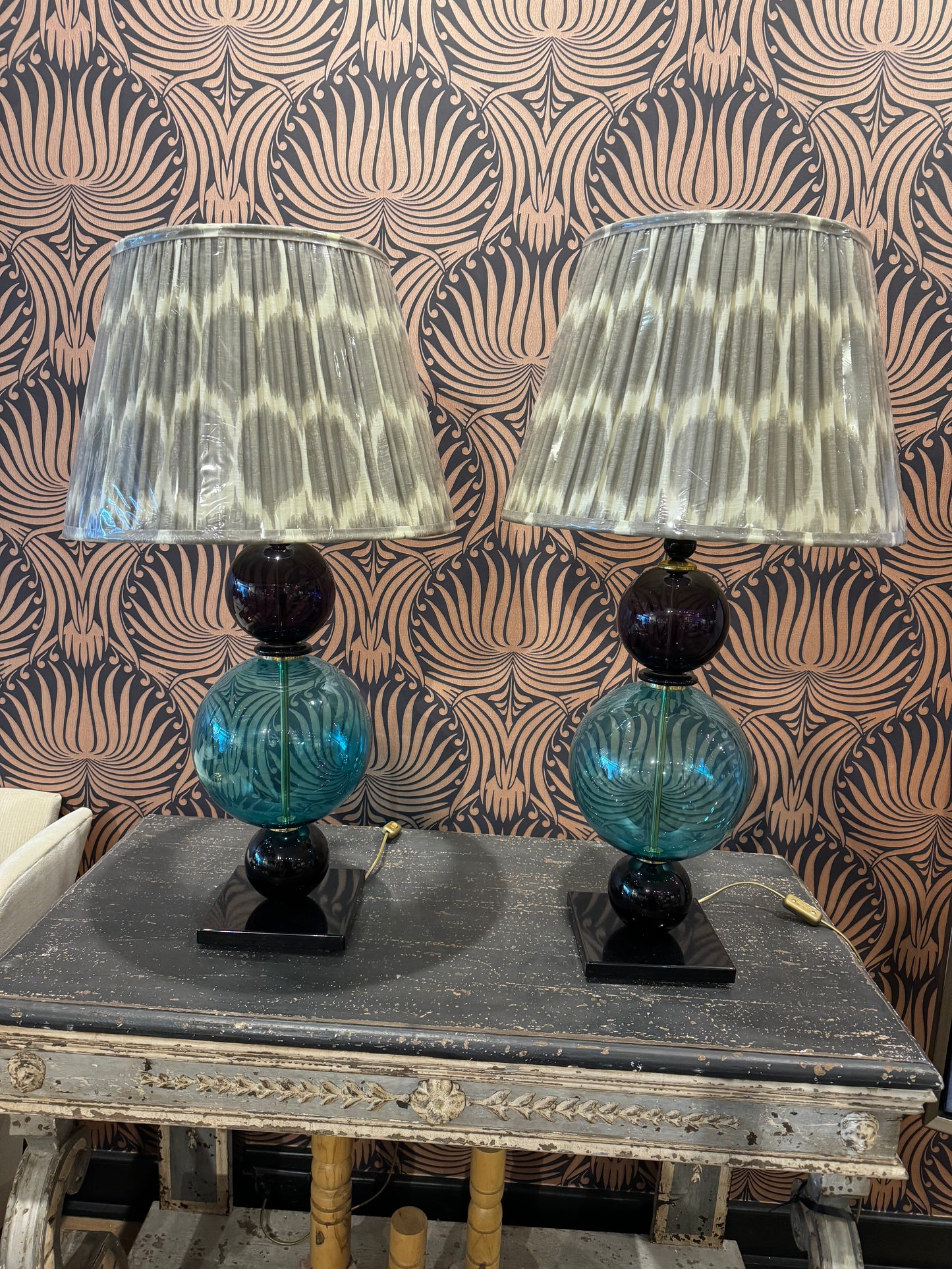 Antique Blue Murano Glass Lamps with Grey Ikat Shade, Pair