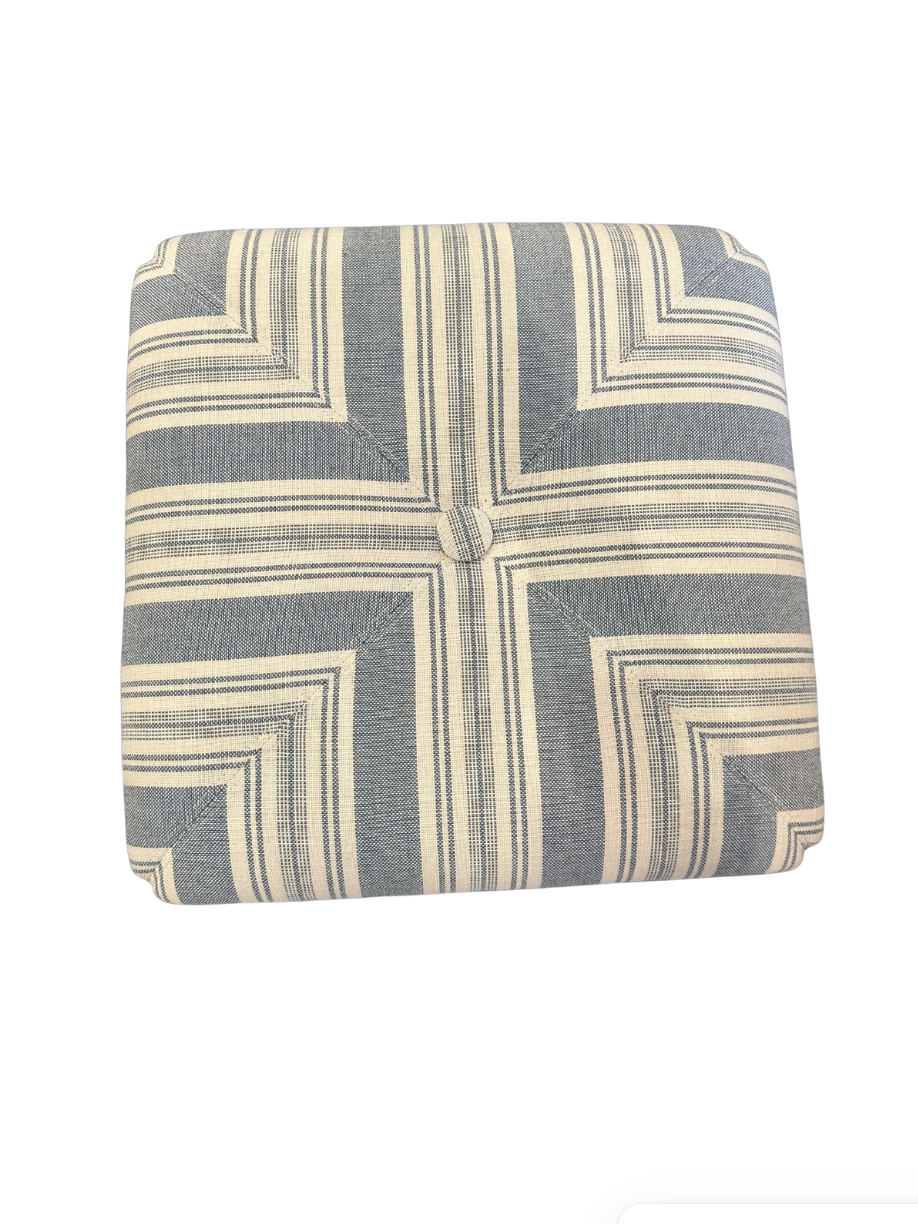 Blue Pinstripe Ottoman with Nailheads