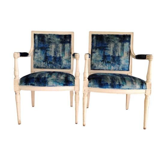 Pair of Louis XVI Style Arm Chairs with Blue Fabric