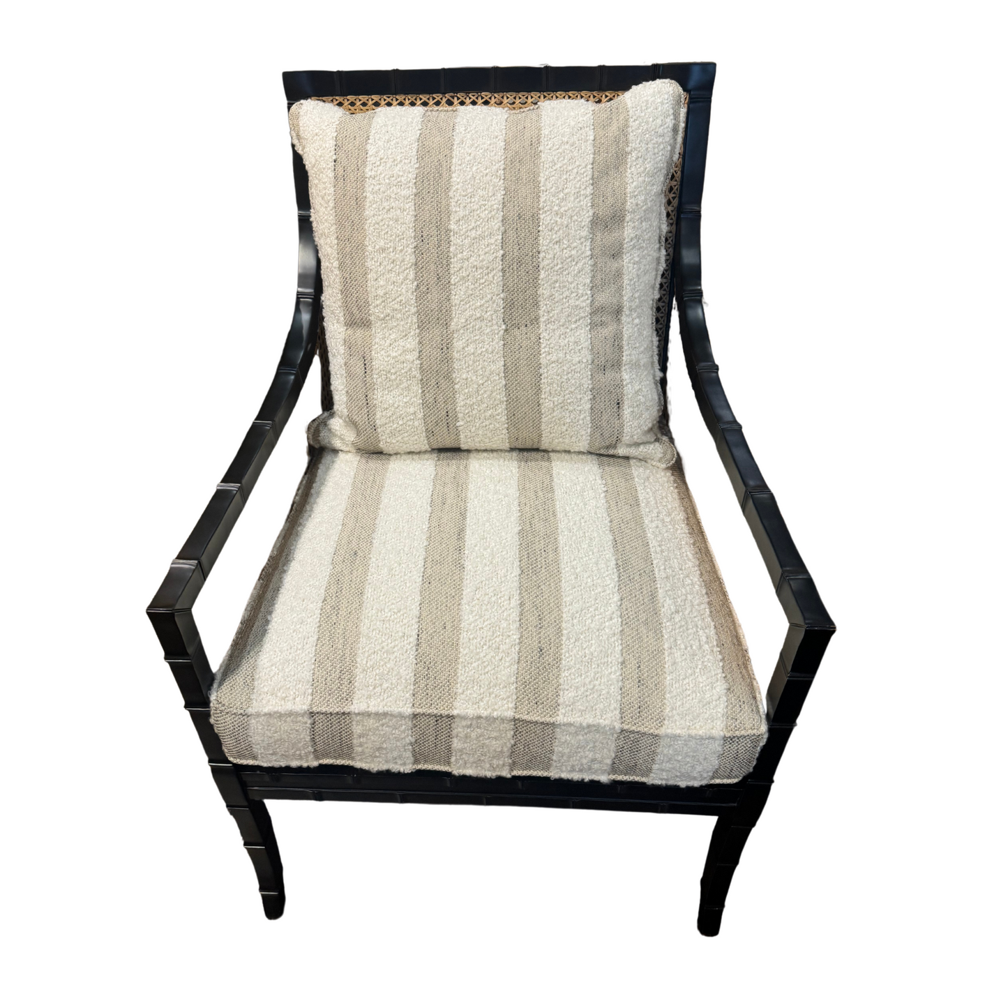 Caned Arm Chair with a Sand + Cream Striped Seat