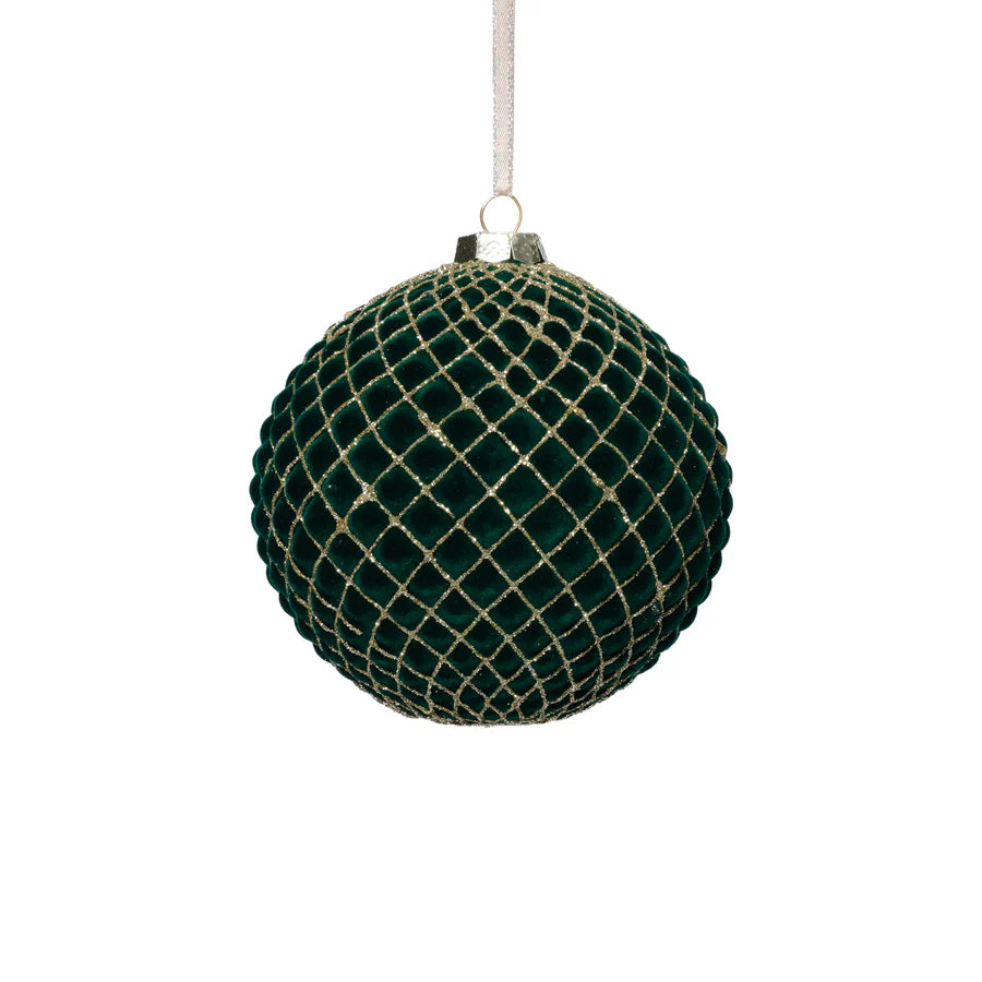 Green Flocked Round Ornament with Gold Accents