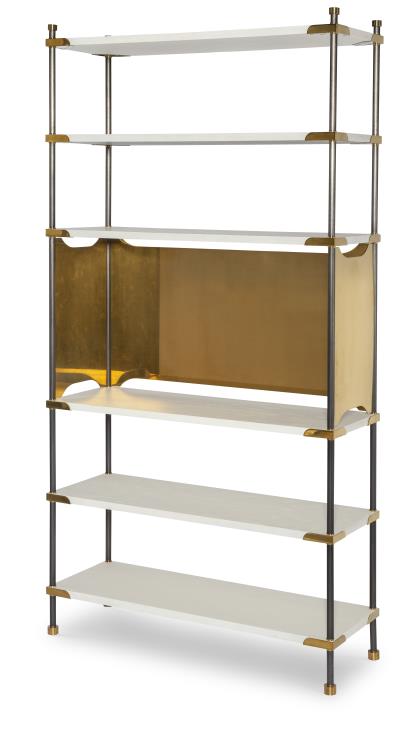 Vintage Inspired Etagere with Antique Brass Hardware and Wood Shelves in an Alabaster Cerused Finish