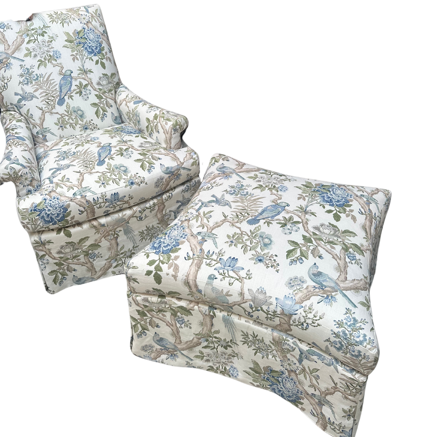 Blue Birds Skirted Swivel Club Chair