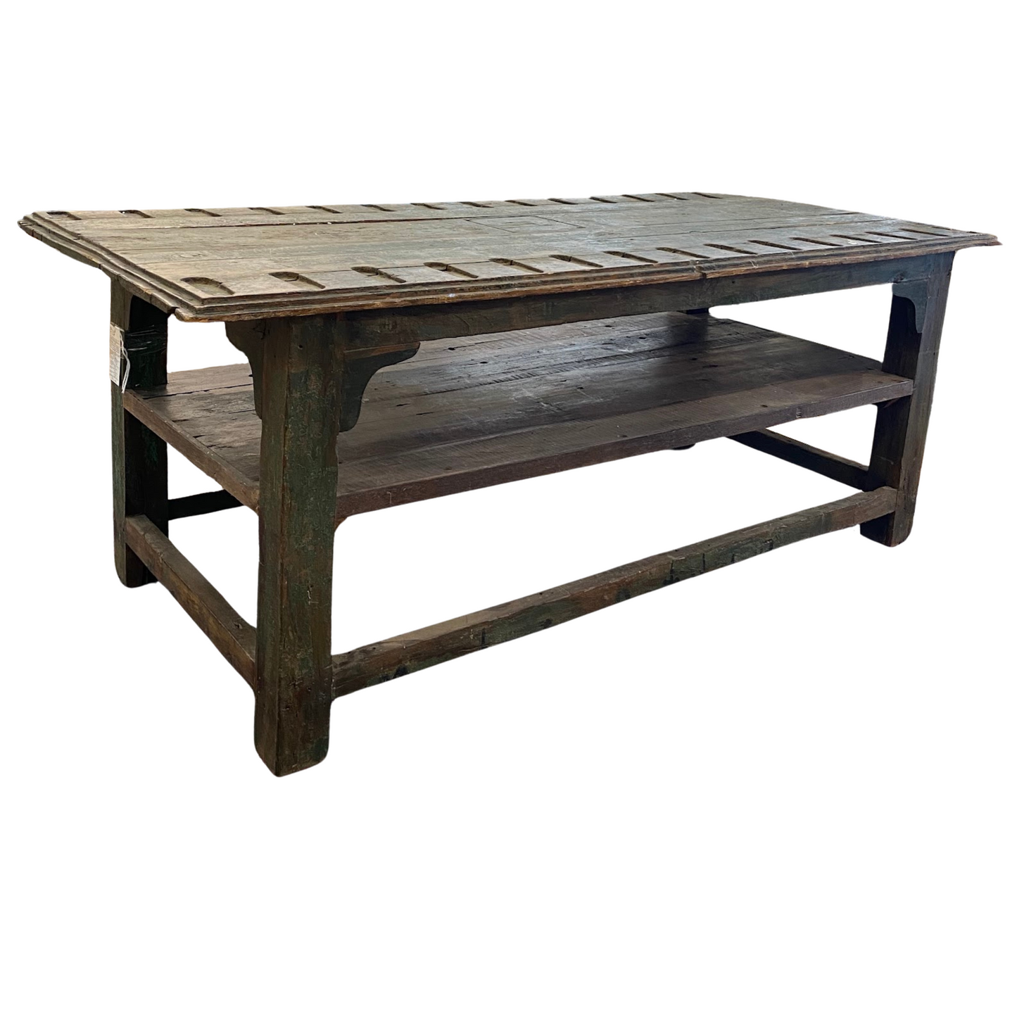 Antique South American Factory Work Table + New Glass Top