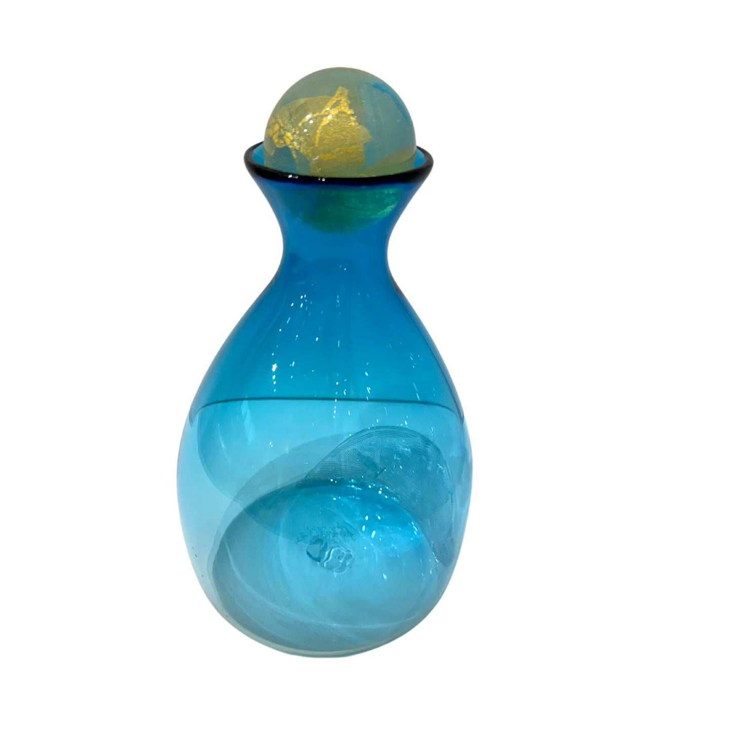 Hand Blown Decanter with Gold Orb Stopper, Aqua