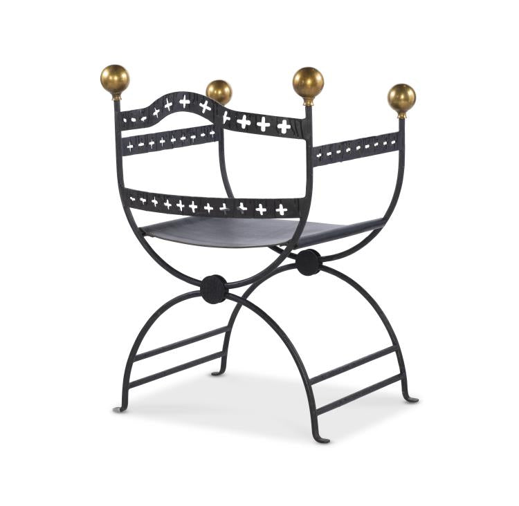 Savonarola Iron and Brass Chair with a Leather Seat