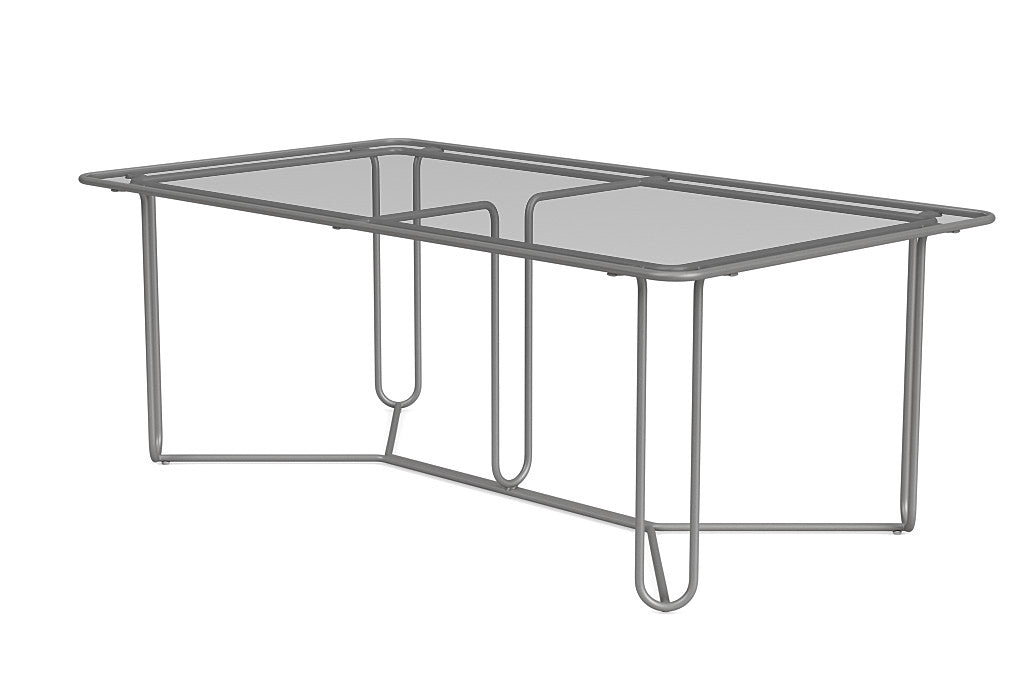 Reproduction Walter Lamb Aluminum Outdoor Dining Table in Platinum Finish + Glass Top