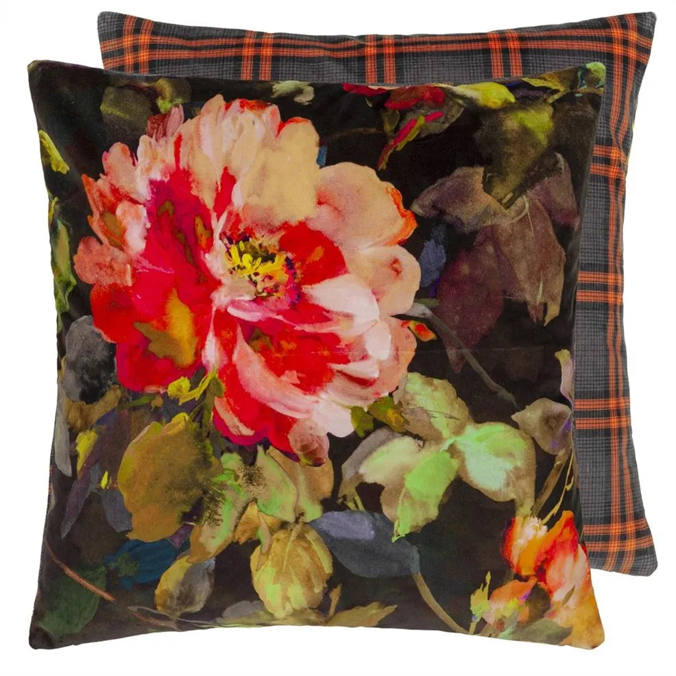 Velvet Rose Pillow with a Tartan Reverse