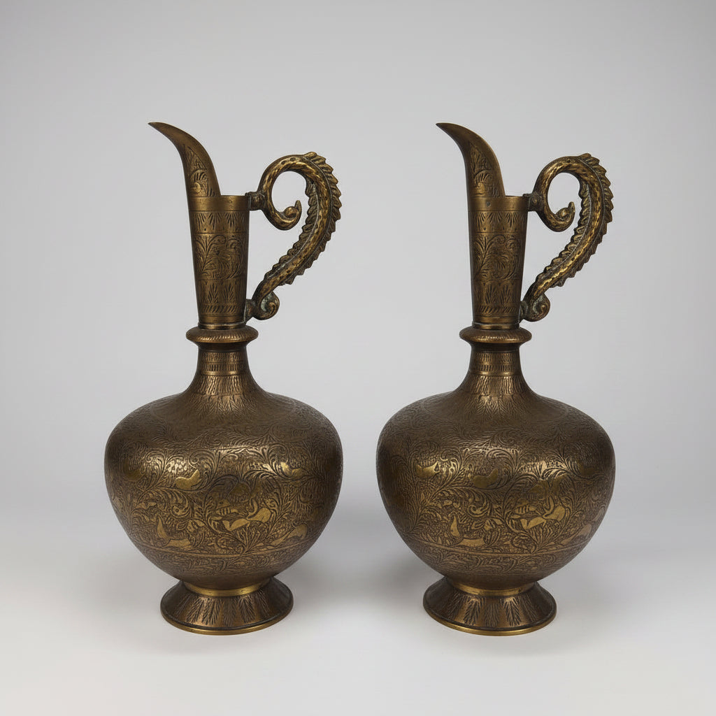 Pair of Chased Engraved brass Ewers, 1870