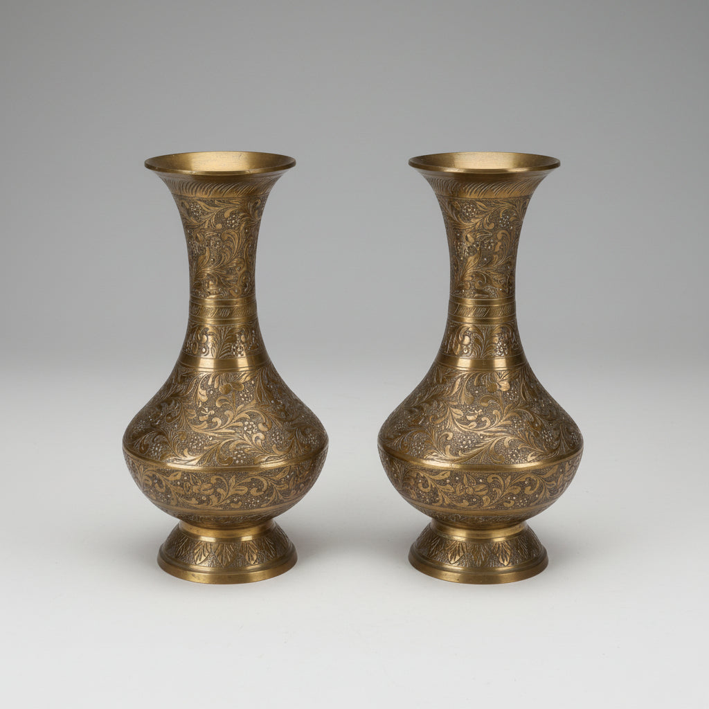 Pair of Chased Shaft Neck Brass Vases