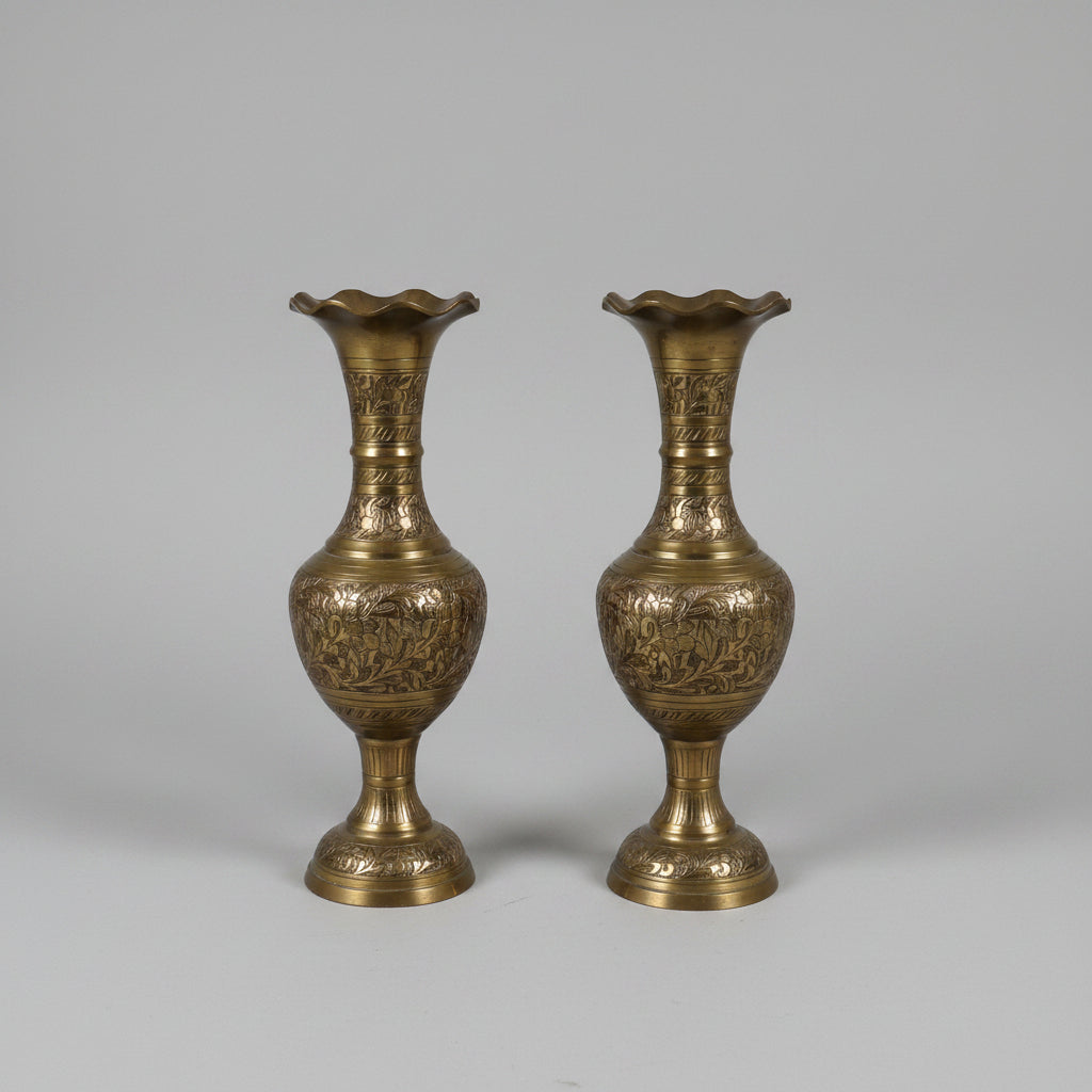 Pair of Chased Shaft Neck Brass Trumpet Vases