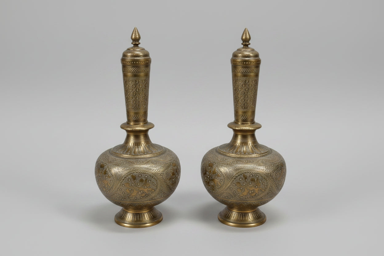 Pair of Chased Shaft Neck Brass Ewers