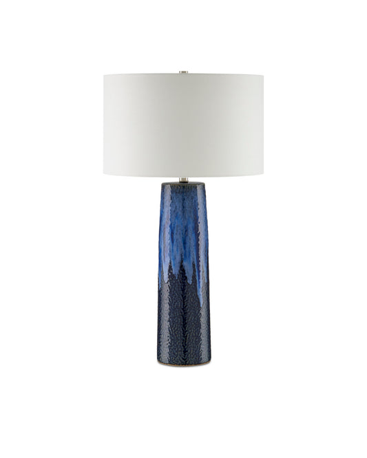 Black + Blue Drip Glaze Lamp with an off-White Linen Shade