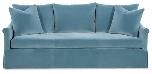 Curved Blue Velvet Skirted Sofa