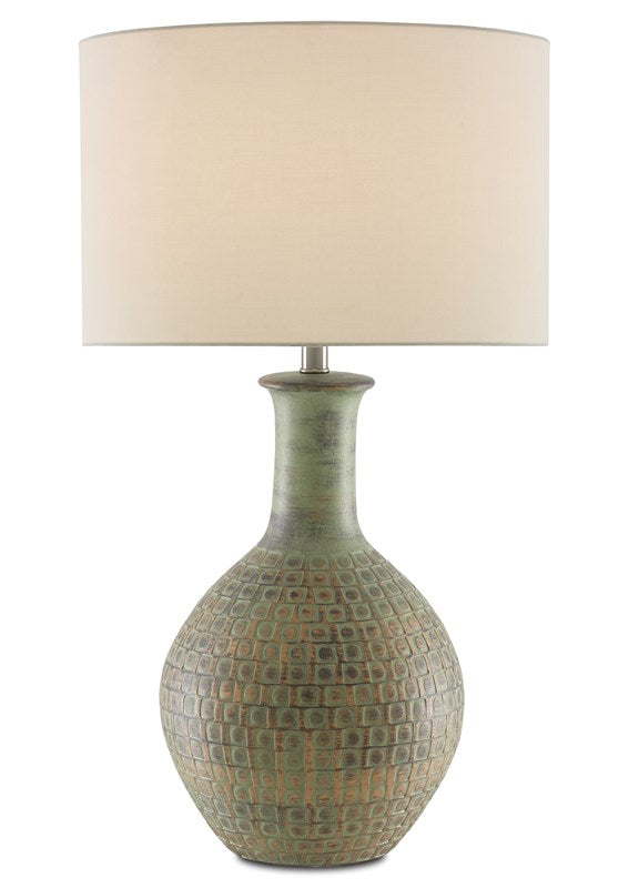 Stamped Moss Square Lamp with Ivory Shantung Shade