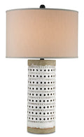 Holey Crackled White Terracotta Lamp with an Alabaster Linen Shade