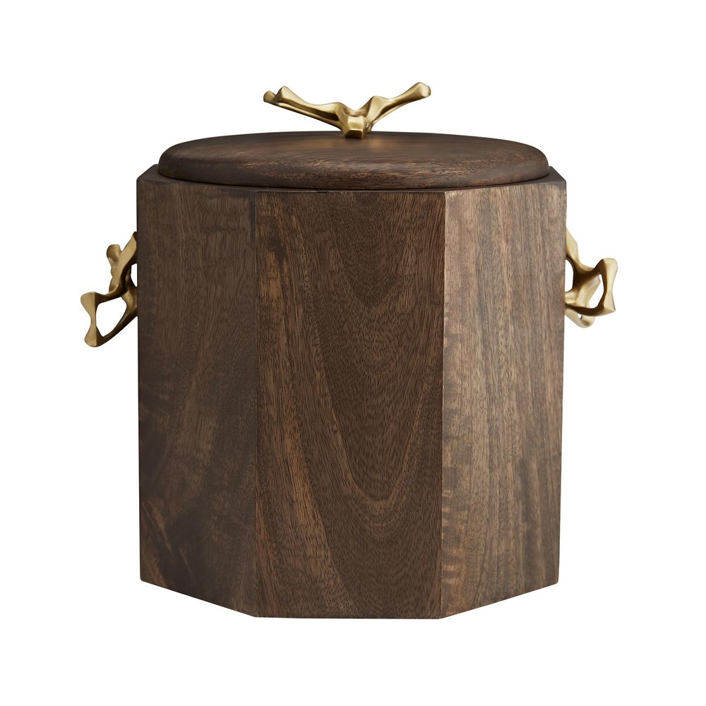 Faceted Wooden Ice Bucket with Sculptural Brass Handles