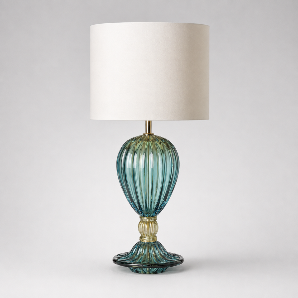 Pair, Aqua and Green Murano Glass Table Lamp with Silk Shades
