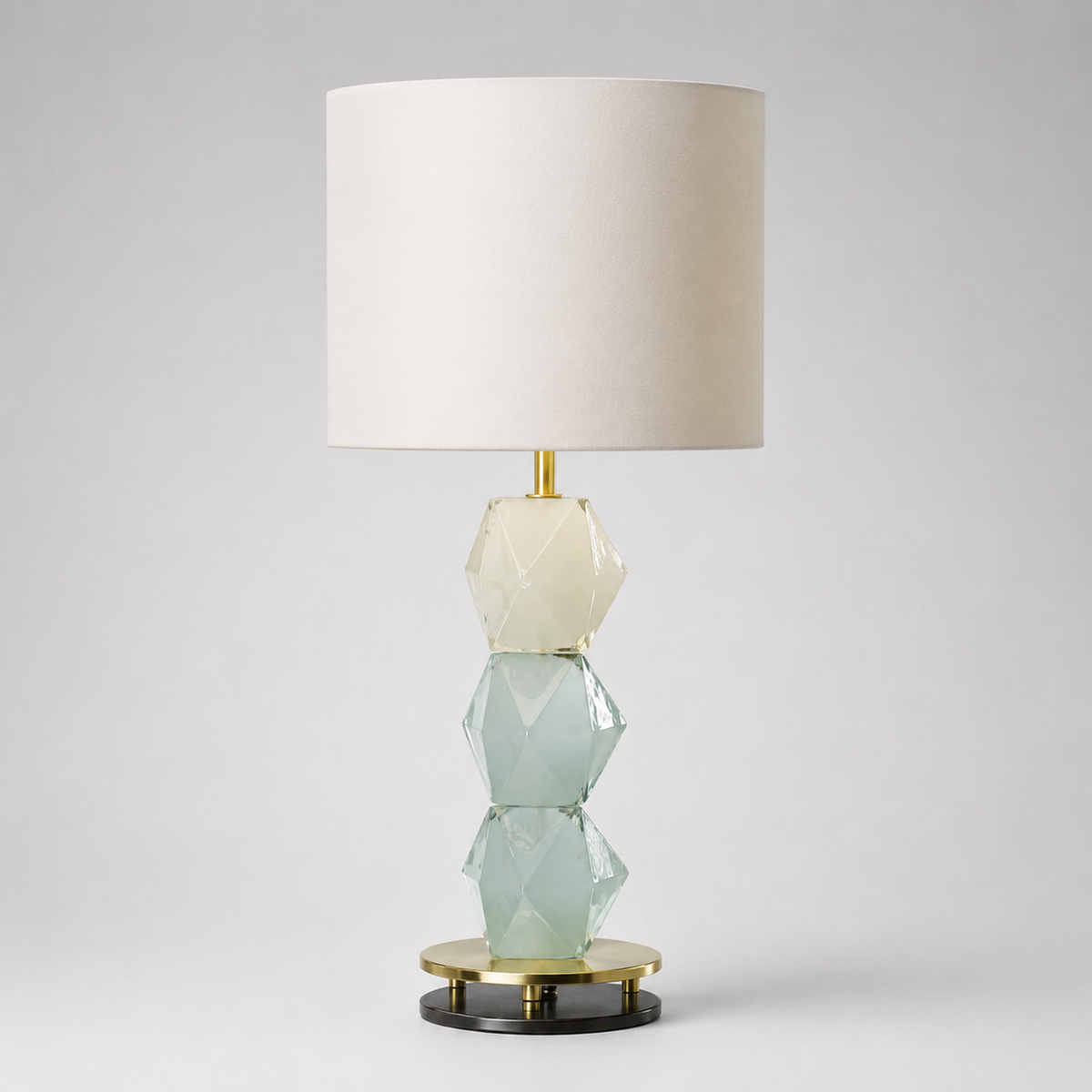 Pair, Pulegoso Diamond Cut Murano Glass Table Lamp with Silk Shades