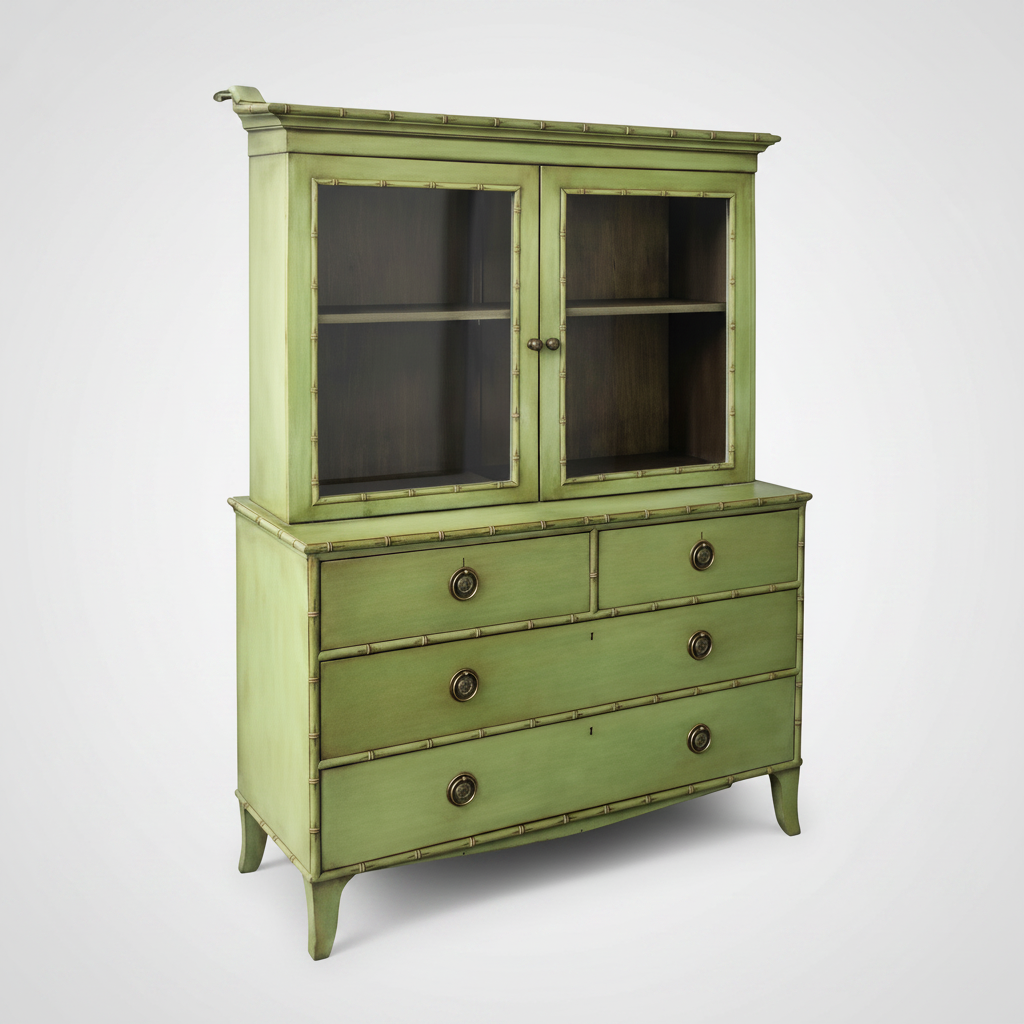 Green Faux Bamboo Cabinet with Glass Doors