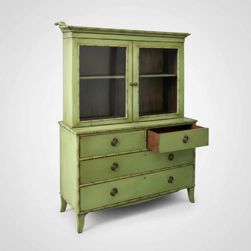 Green Faux Bamboo Cabinet with Glass Doors