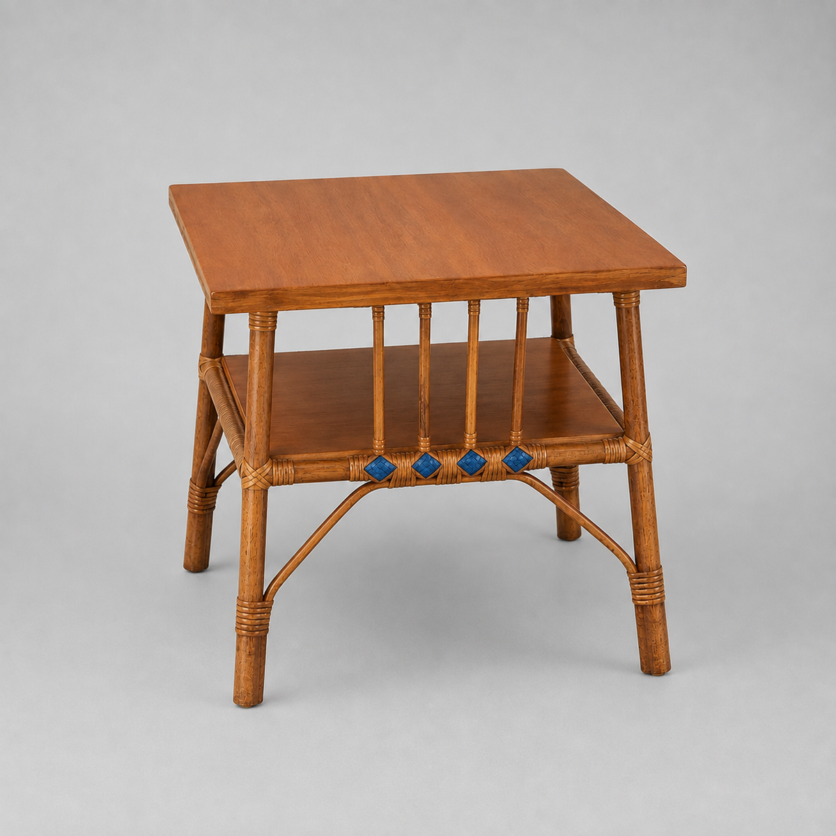 Wicker and Wood Dining Chair with Blue Accents