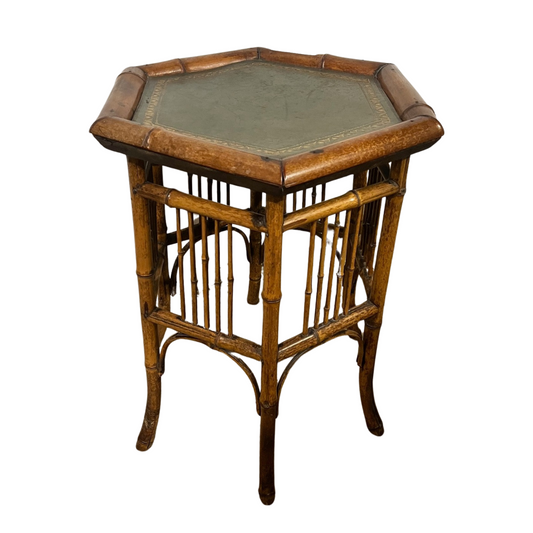 Hexagonal Top Bamboo and Leather Spot Table, 1920