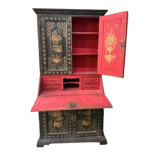 Black Secretary Cabinet with Gild Chinoiserie and Red Interior