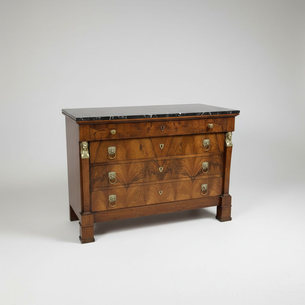 Antique Walnut Chest w/ Brass, Black Marble Top, c. 1810