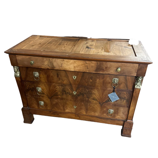 Antique Walnut Chest w/ Brass, Black Marble Top, c. 1810