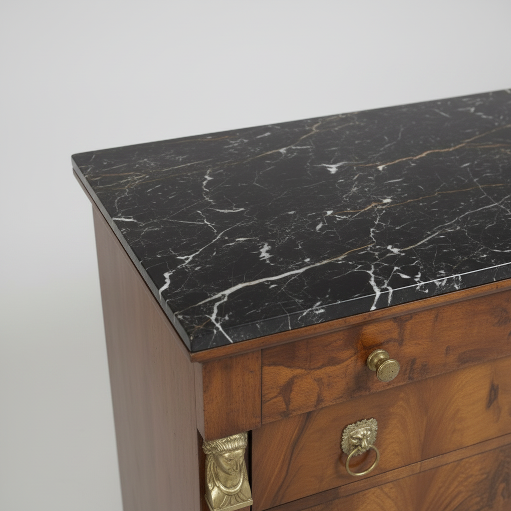 Antique Walnut Chest w/ Brass, Black Marble Top, c. 1810